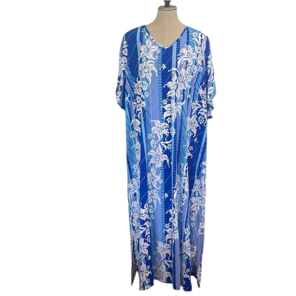 Bob Mackie wearable art maxi dress blue floral Hawaiian women plus size 3X nwts